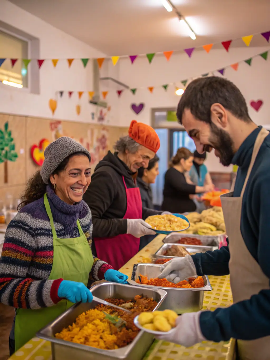 A vibrant photo showing volunteers of all ages working together on a community outreach project, such as preparing meals for the needy.