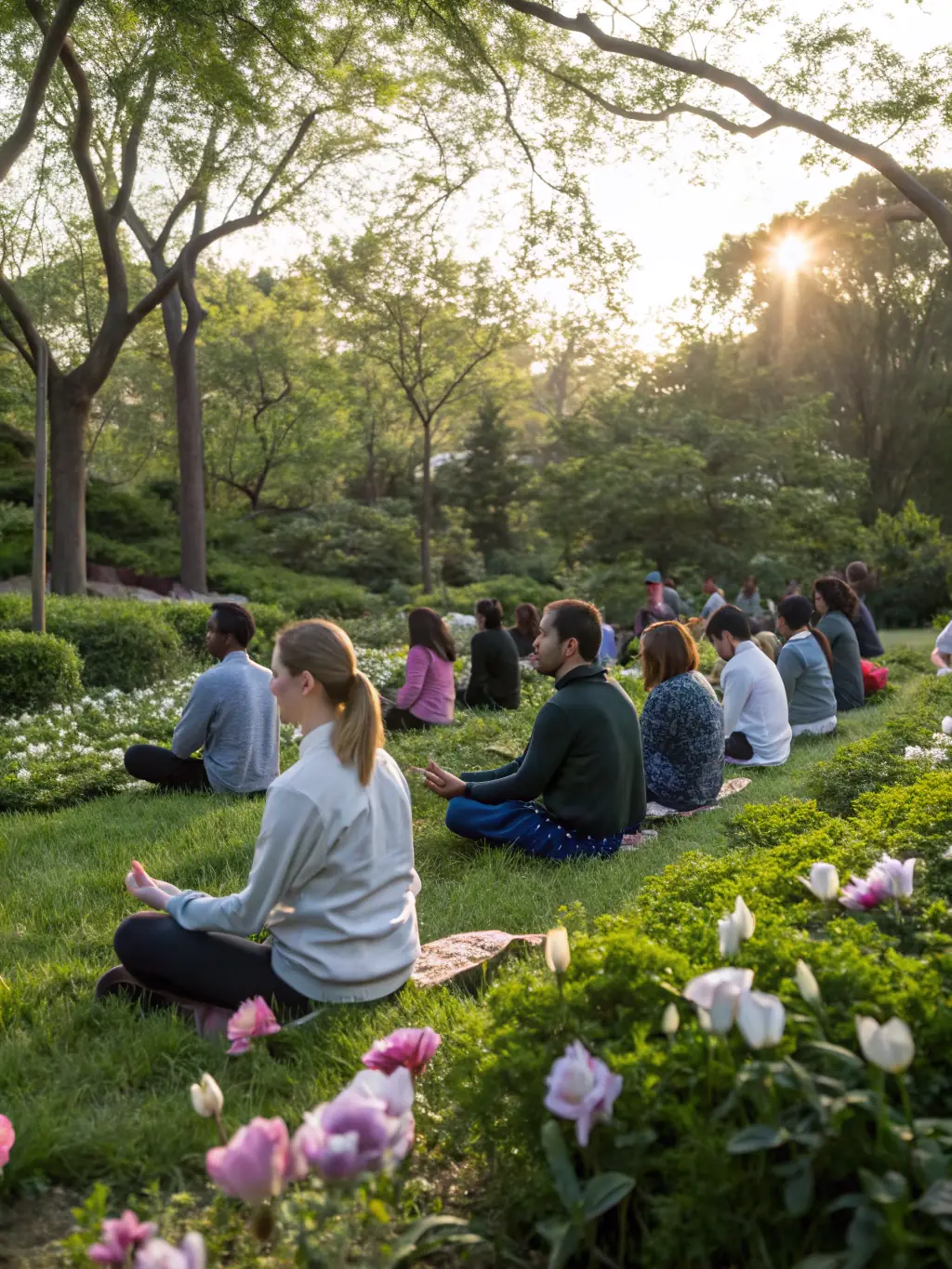 An image of a group attending a religious retreat, set in a peaceful and natural environment, conveying a sense of reflection and spiritual renewal.