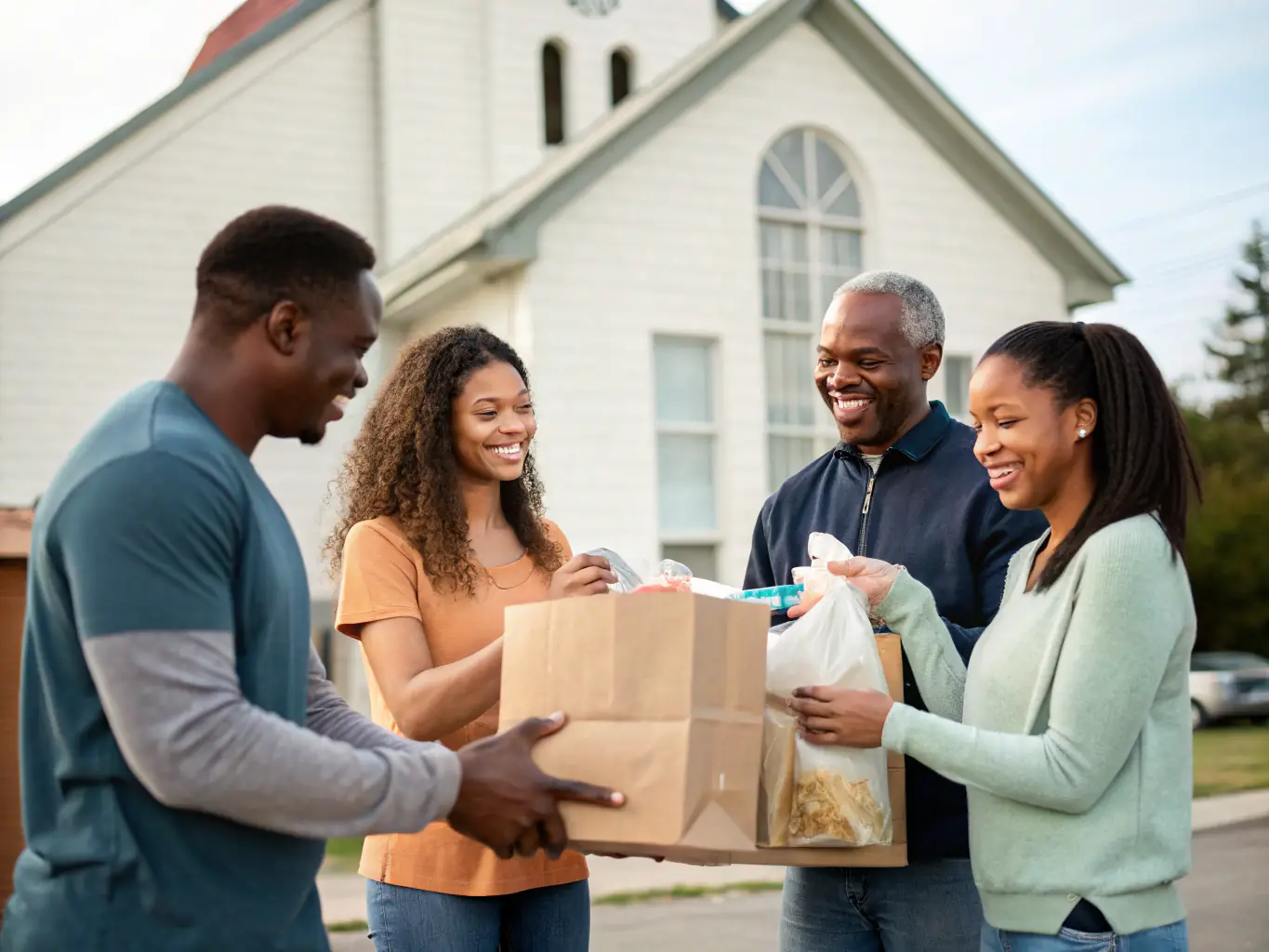 A diverse group of people volunteering at a local charity event organized by the church, showing community engagement and support. The image should convey a sense of unity and compassion.