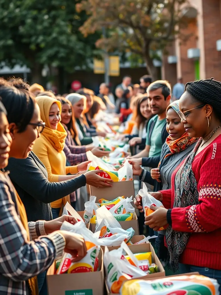 A photograph depicting volunteers assisting with a local food drive organized by the Association Diocésaine de Coutances, showcasing community support and charitable work.