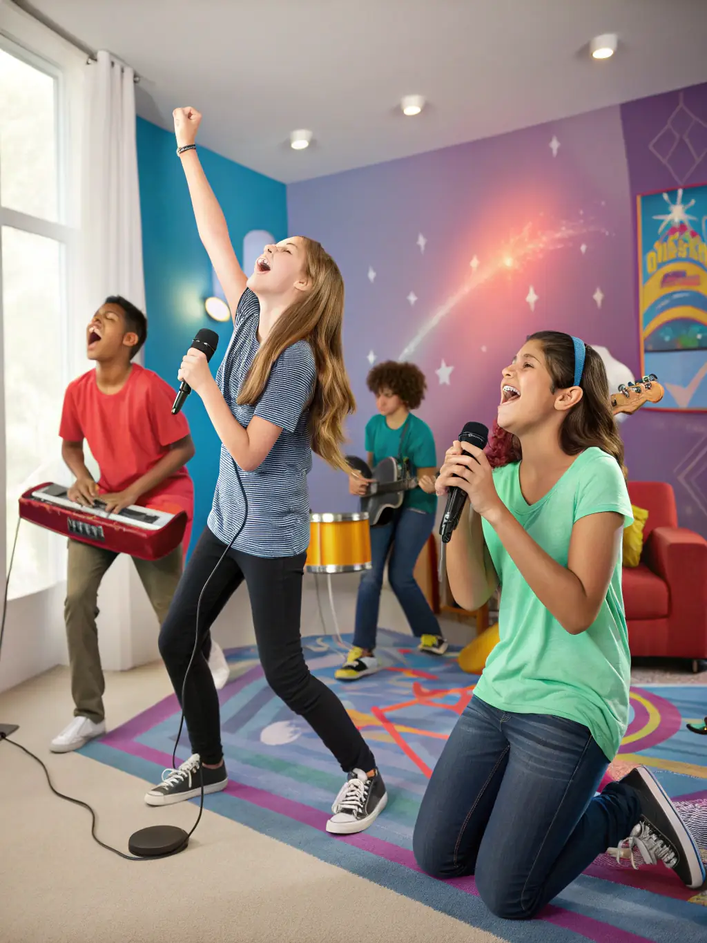 A photograph capturing a youth group actively involved in a faith-based learning activity, with smiles and expressions of engagement.