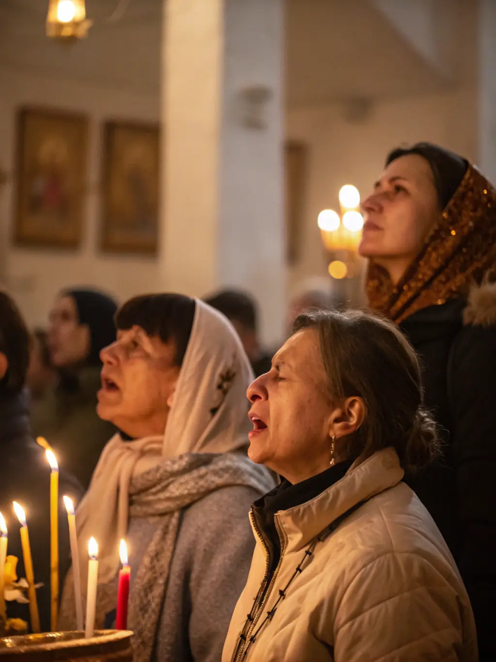 A serene image depicting a group of people participating in a liturgical service, with soft lighting and a focus on the spiritual atmosphere.