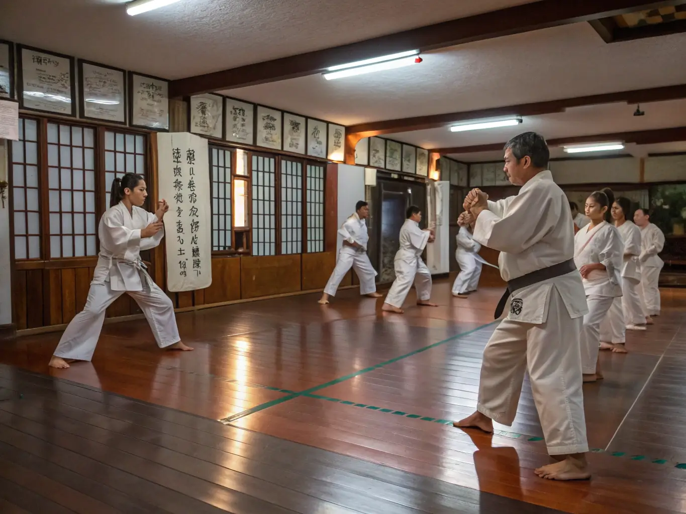 A group of karate students practicing a synchronized move in a dojo, showcasing focus and discipline.