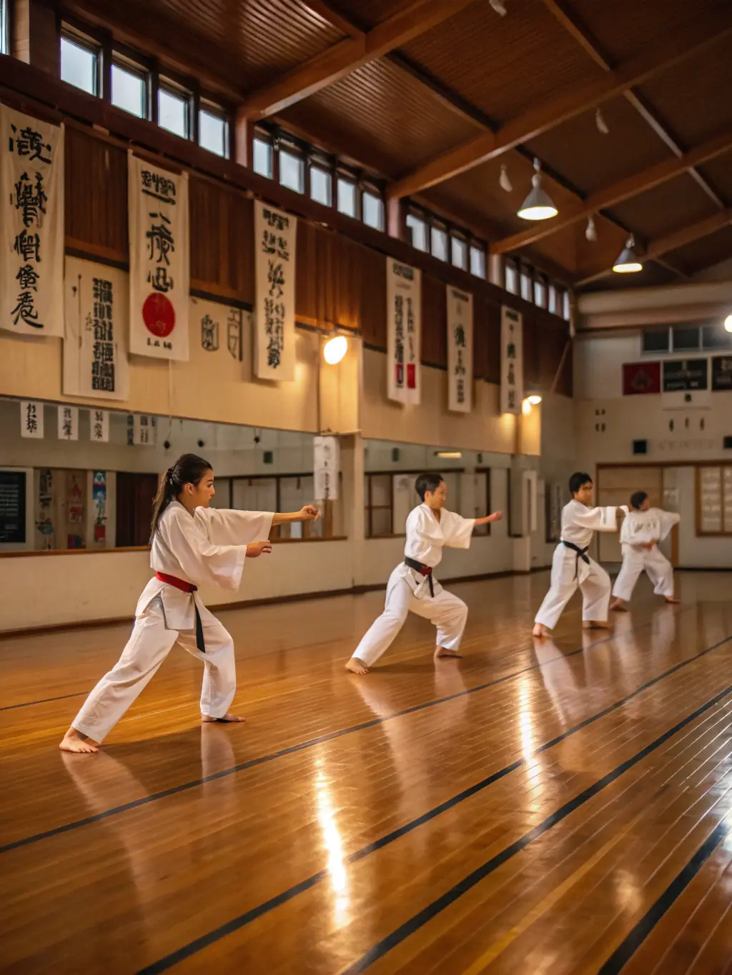 Teenagers practicing advanced karate techniques, such as sparring and kata, at Bunkai Karate Do.