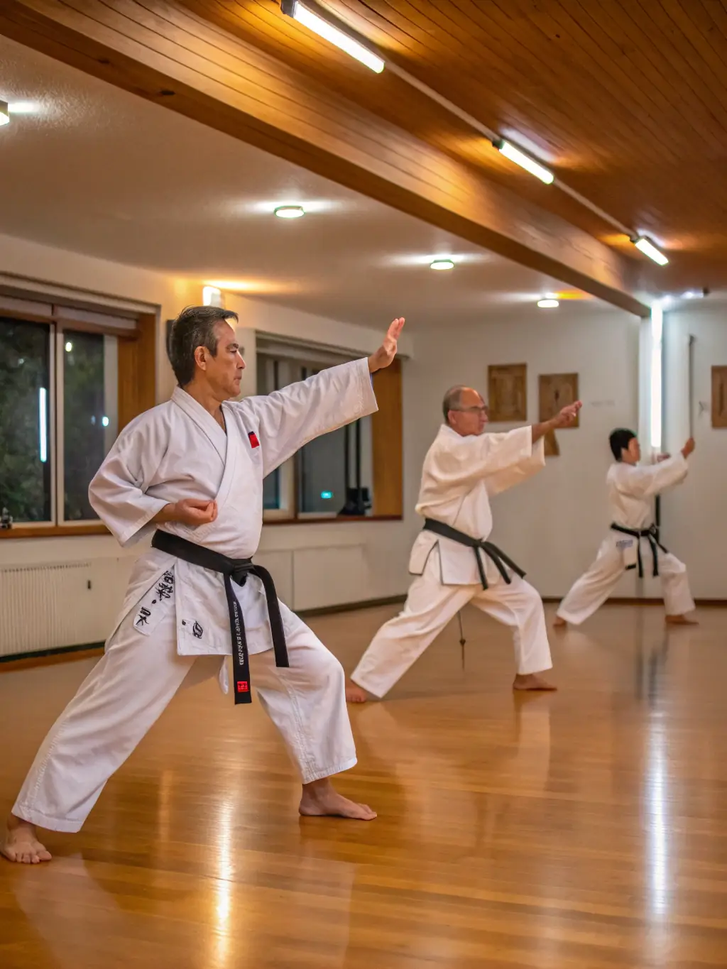 Adults in karate uniforms practicing self-defense techniques at Bunkai Karate Do.