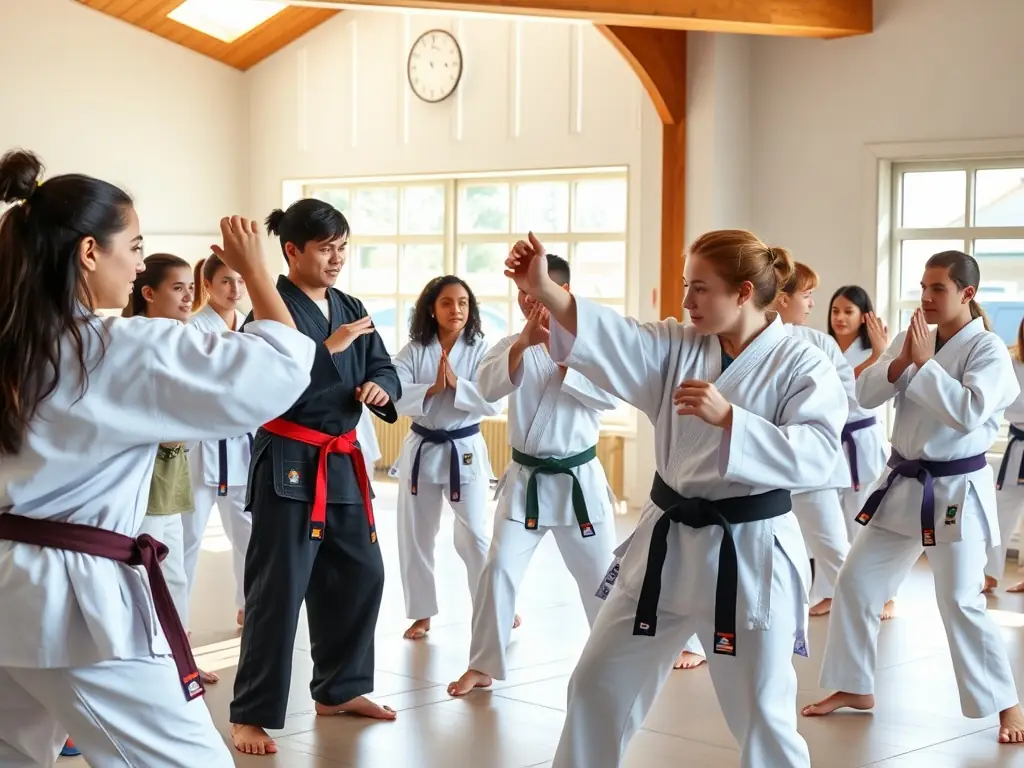 A diverse group of karate students of all ages and skill levels participating in a group training session, promoting inclusivity.