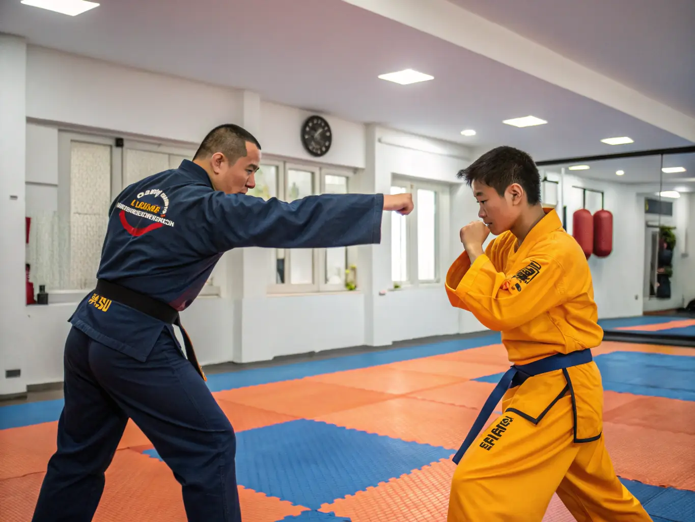 A close-up shot of a karate instructor demonstrating a precise technique to a student, emphasizing the importance of detail.