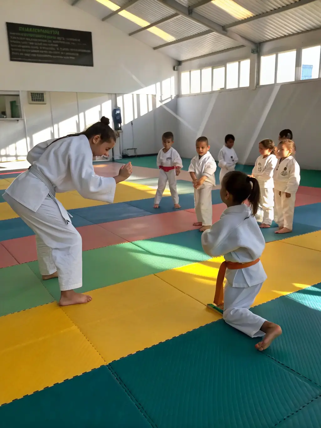 A group of children in white karate uniforms practicing basic stances under the guidance of an instructor at Bunkai Karate Do.