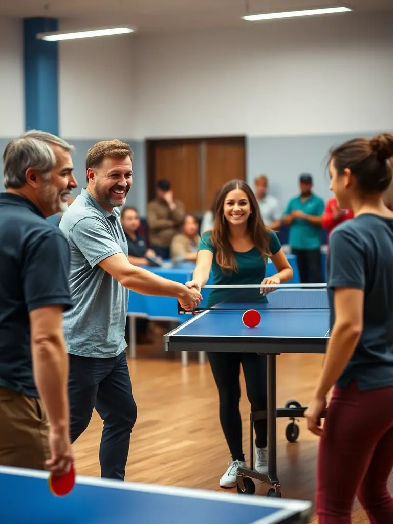 A group of E.T.T. members participating in a friendly table tennis match, showcasing community engagement and sportsmanship.