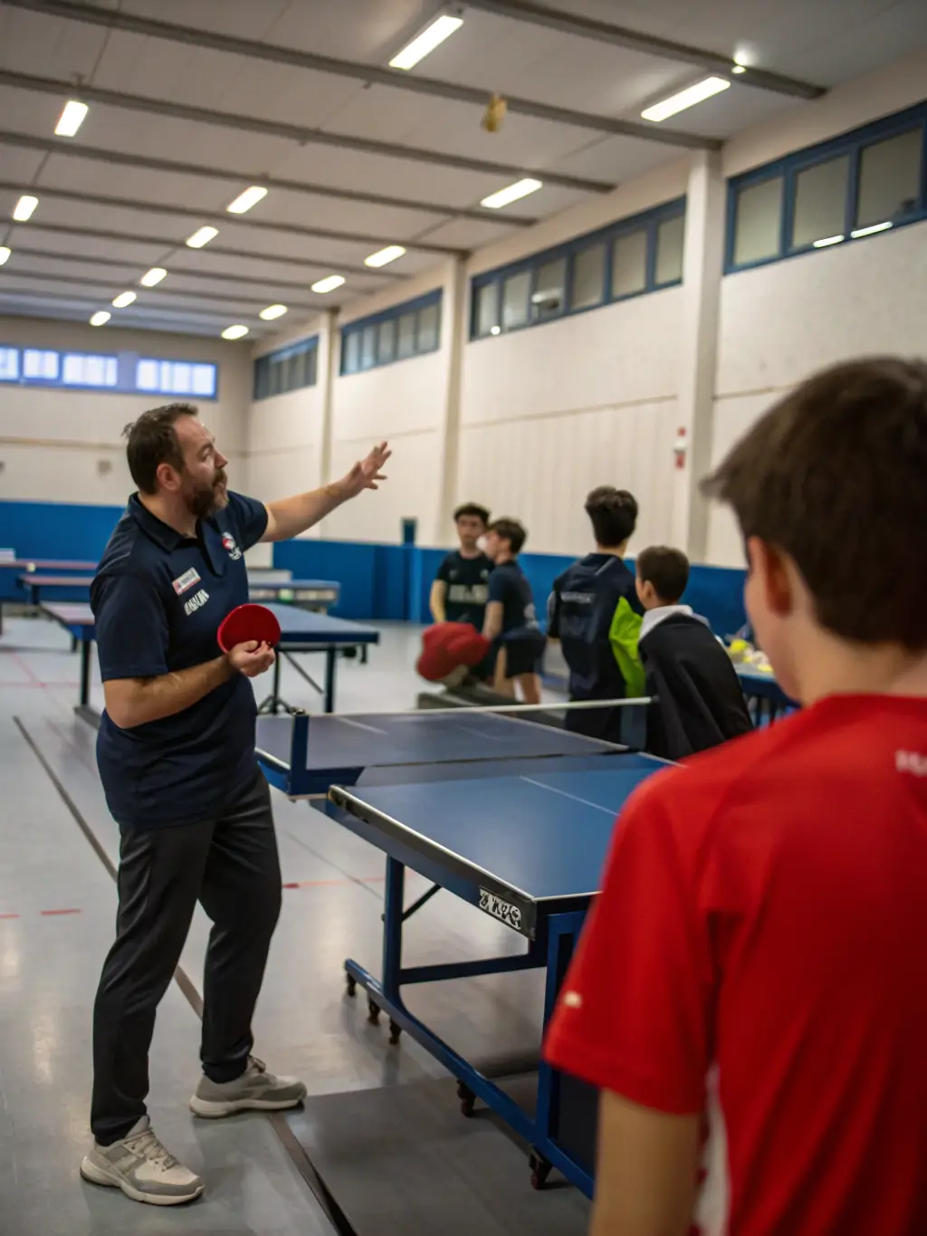 A focused shot of a table tennis training session at E.T.T., showcasing players of varying skill levels engaged in drills, with a coach providing guidance in the background.