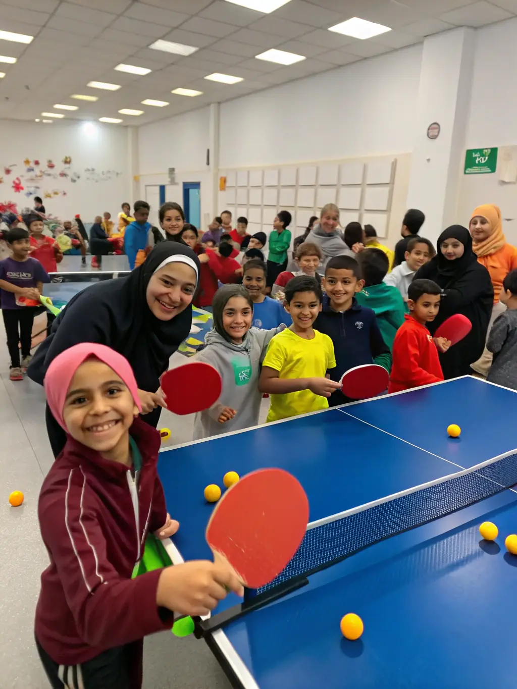 A diverse group of players of different ages and skill levels enjoying a friendly table tennis game at ETREUX TENNIS DE TABLE (E.T.T.).