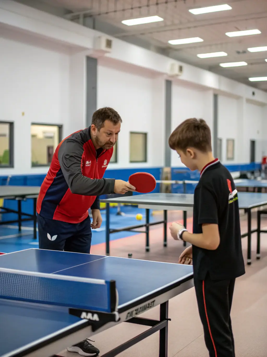 A young table tennis player receiving guidance from a coach at ETREUX TENNIS DE TABLE, emphasizing skill development.