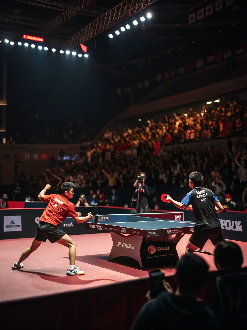 A dynamic image capturing a competitive table tennis match at E.T.T., highlighting the intensity and sportsmanship of the players during a local tournament.