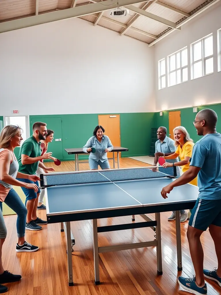 A group of club members participating in a local table tennis activity organized by ETREUX TENNIS DE TABLE (E.T.T.).